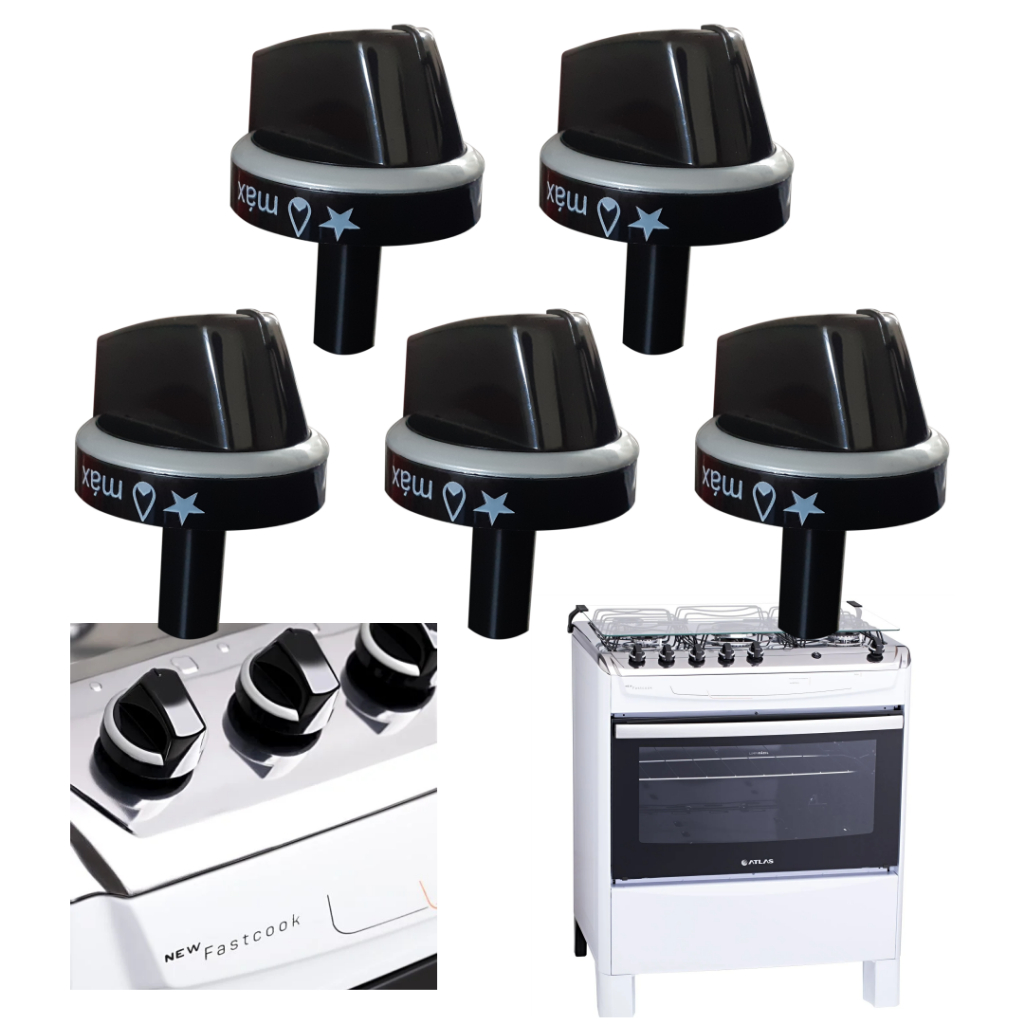KIT 5 BOTÕES MANÍPULOS FOGÃO ATLAS NEW FASTCOOK 5 BOCAS 100% ORIGINAL