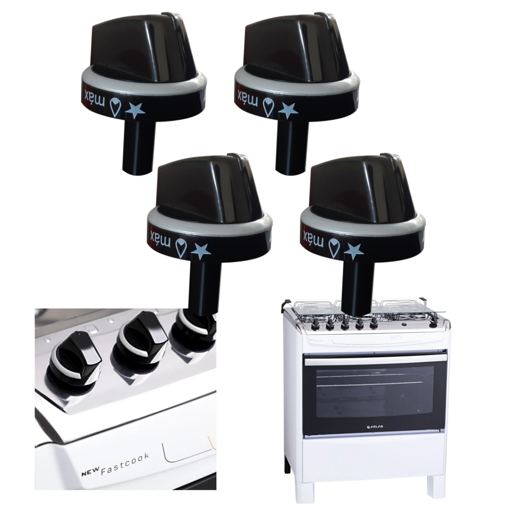 KIT 4 BOTÕES MANÍPULOS FOGÃO ATLAS NEW FASTCOOK 5 BOCAS 100% ORIGINAL