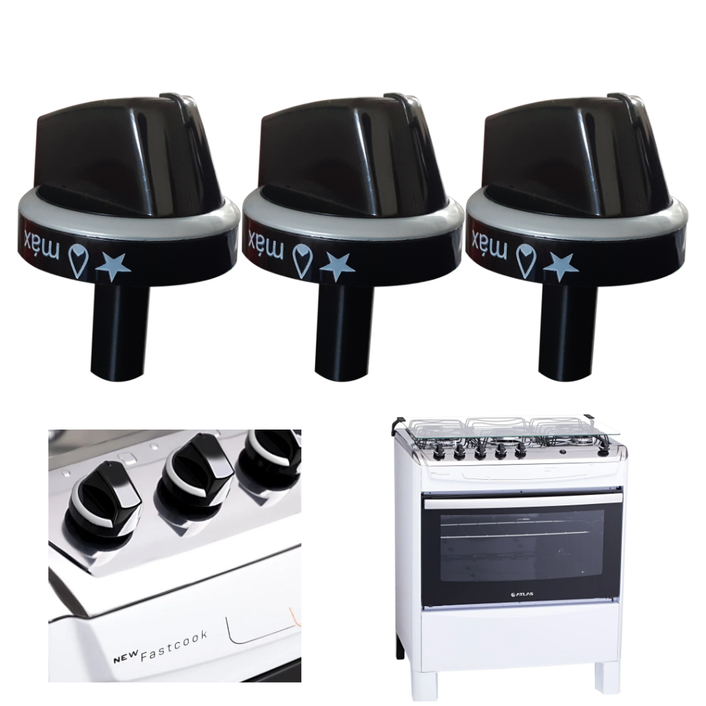 KIT 3 BOTÕES MANÍPULOS FOGÃO ATLAS NEW FASTCOOK 5 BOCAS