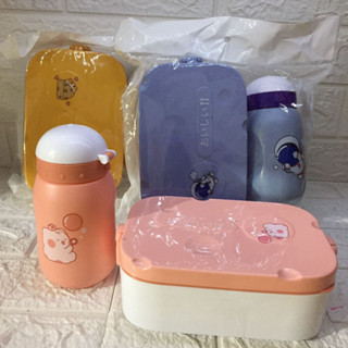 Kit Marmita Infantil com Talheres de Plástico e Garrafa de 500ml com Canudo Lancheira Escolar Creche Alimentação