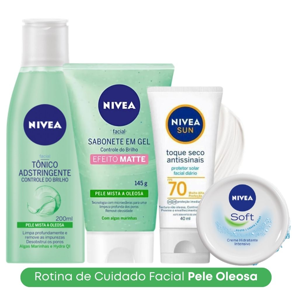 Kit Skincare: Sabonete em Gel + Tônico Adstringente + Protetor Solar 70 + Hidratante Soft 49g NIVEA
