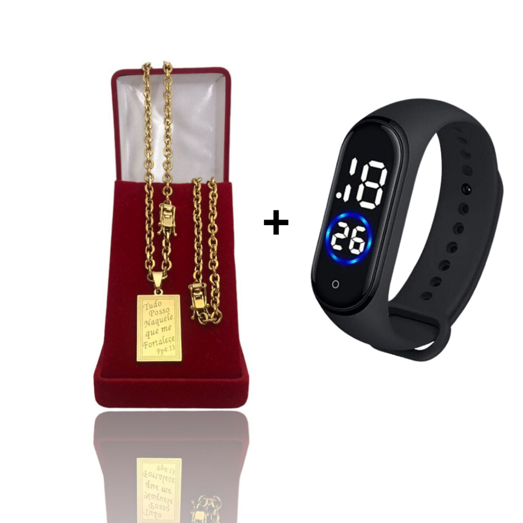Corrente masculina cadeado 4mm com pingente Tudo Posso banhado ouro 18k + Relógio De Pulso Digital Com LED Prova D'água