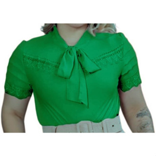 Blusa Camisa Verde Bandeira Manga Curta Renda Social Moda Evangelica Laço Gravata Gravatinha Romantica