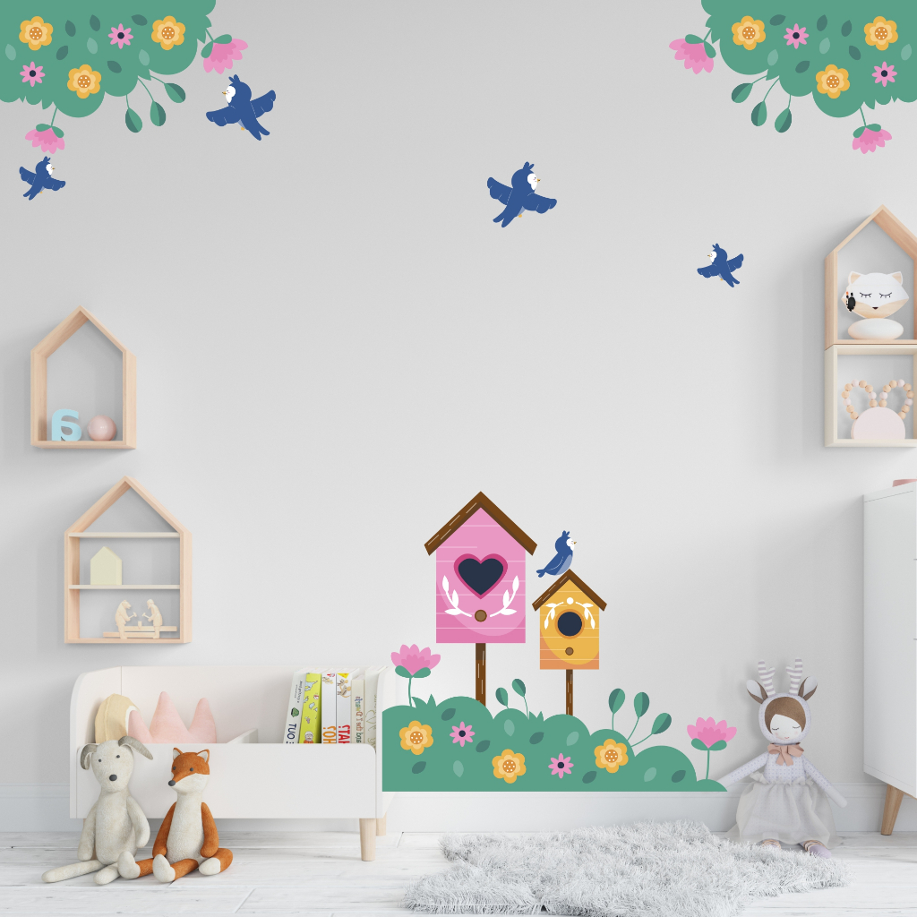 Adesivos de Parede Infantil Jardim Encantado pássaros flores casinha decoração quarto bebê menina