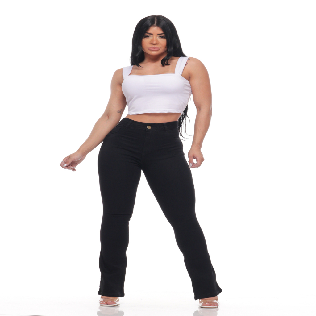 Calça Feminina Jeans Flare Preto Luxo Cintura Alta REF263