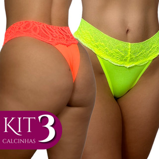 Kit 3 Calcinhas Tanga Neon Fio Dental com Renda na Cintura Calcinha Neon Moda Verão Microfibra Lingerie Feminina