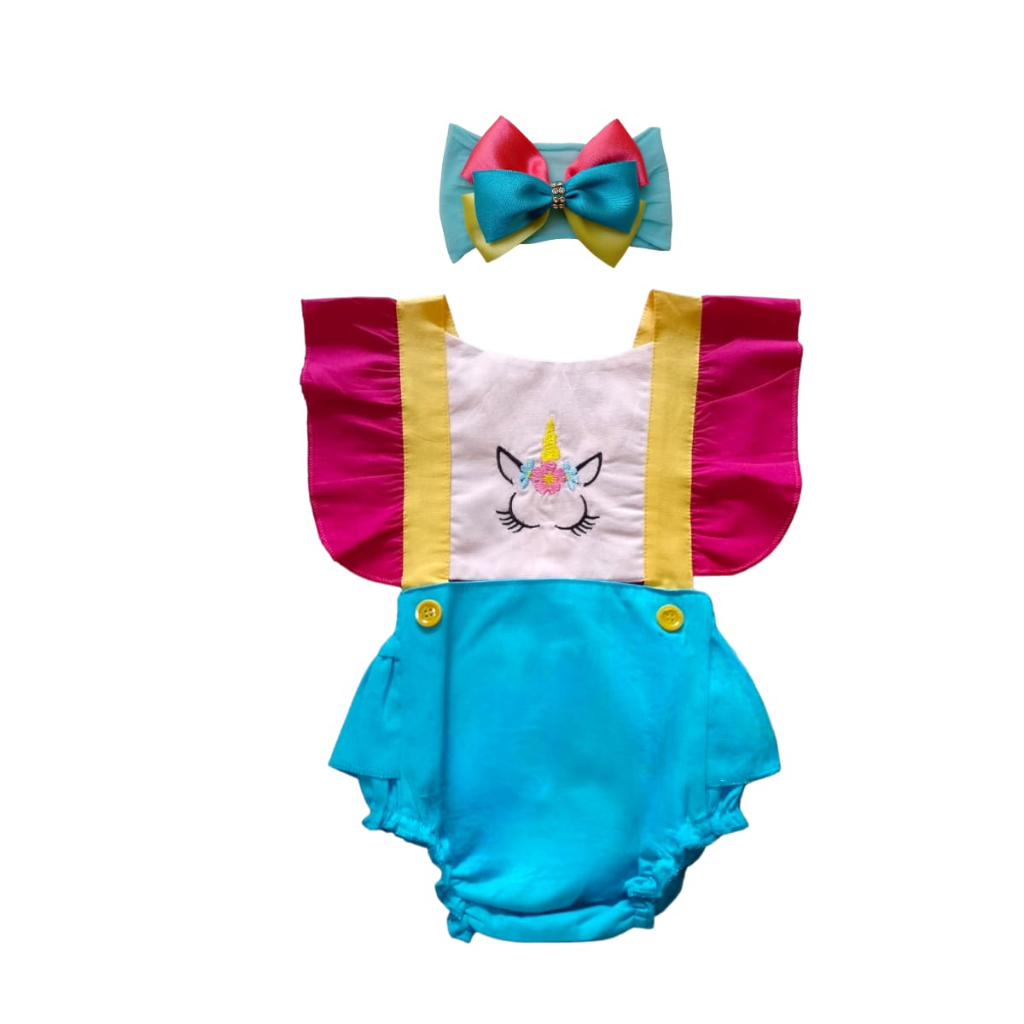 Kit 2 Peças - Romper + Faixa Bebê Body Fantasia Barbie Moama Circo Melancia Uncórnio Mundo Bita Abelhinha