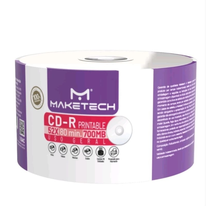 100 CD-R PRINTABLE MAKETECH 700 MB 80 MINUTOS 52X ORIGINAL