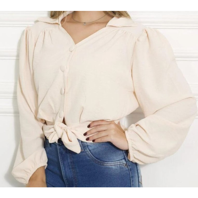 Blusa Cropped Gola V Polo Laço Botão Duna Air Flow Elegante