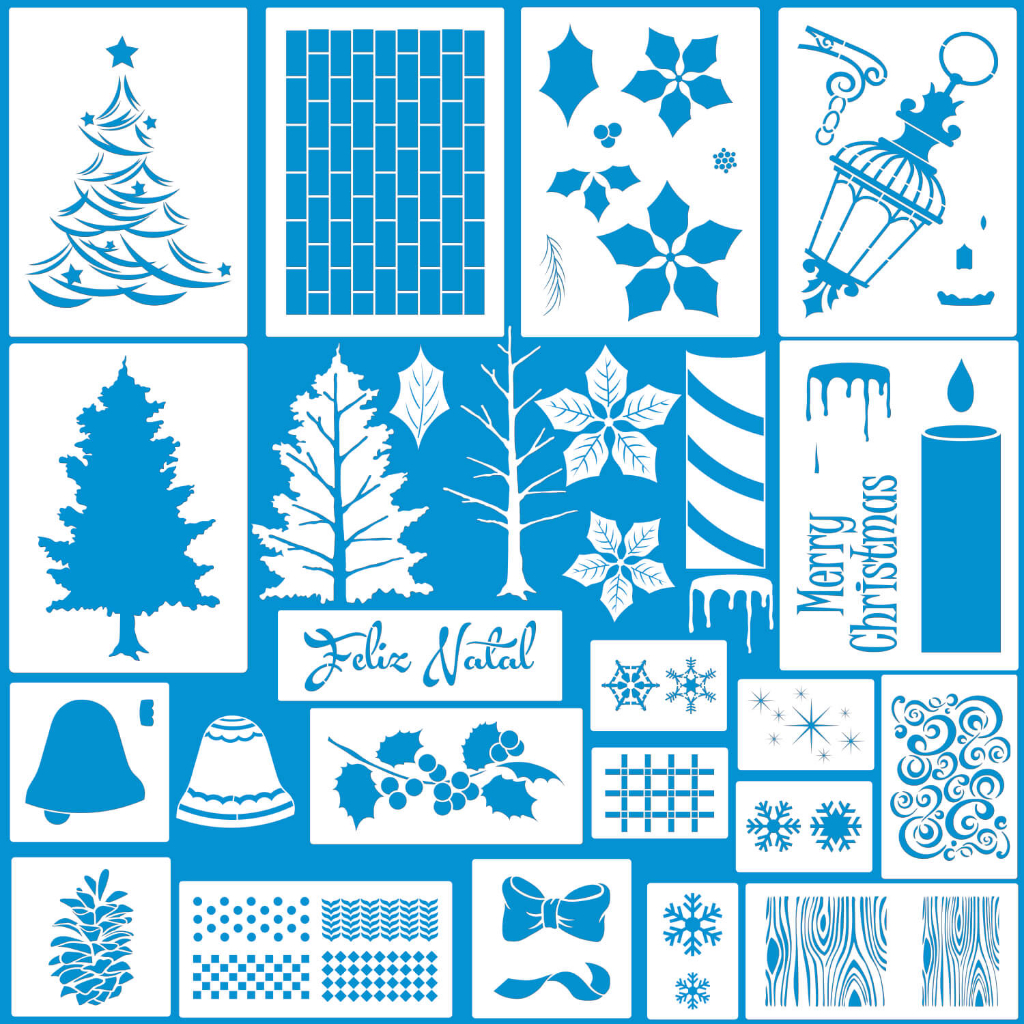 KIT COM 19 STENCEIS TEMA NATAL TAMANHOS VARIADOS MOLDE VAZADO PARA PINTURA EM TECIDO MDF MADEIRA ARTESANATO PAREDE PISO PAPEL CAMISETA PANO DE PRATO PATY BUOSO