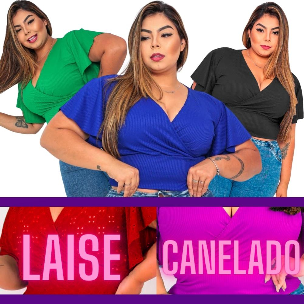 Blusa Femina Cropped Plus Size Laise Canelado Transpassada Manga Flare Boca Sino Lese Leise Veãao 48 50 GG