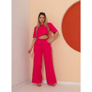 conjunto de blusa cropped com calça pantalona de alfaiataria C606