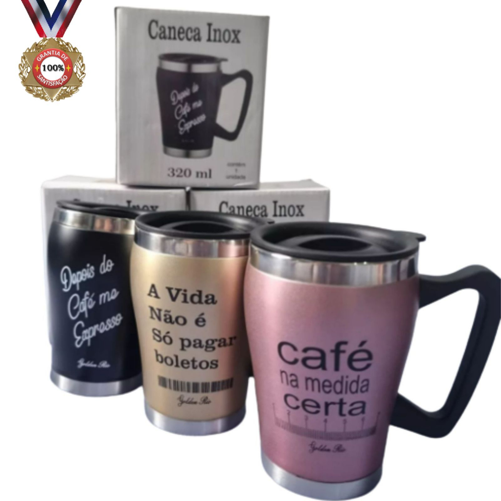 Caneca Térmica de Café Aço Inox Com Tampa de Plástico e Frases Na Copo 320ML