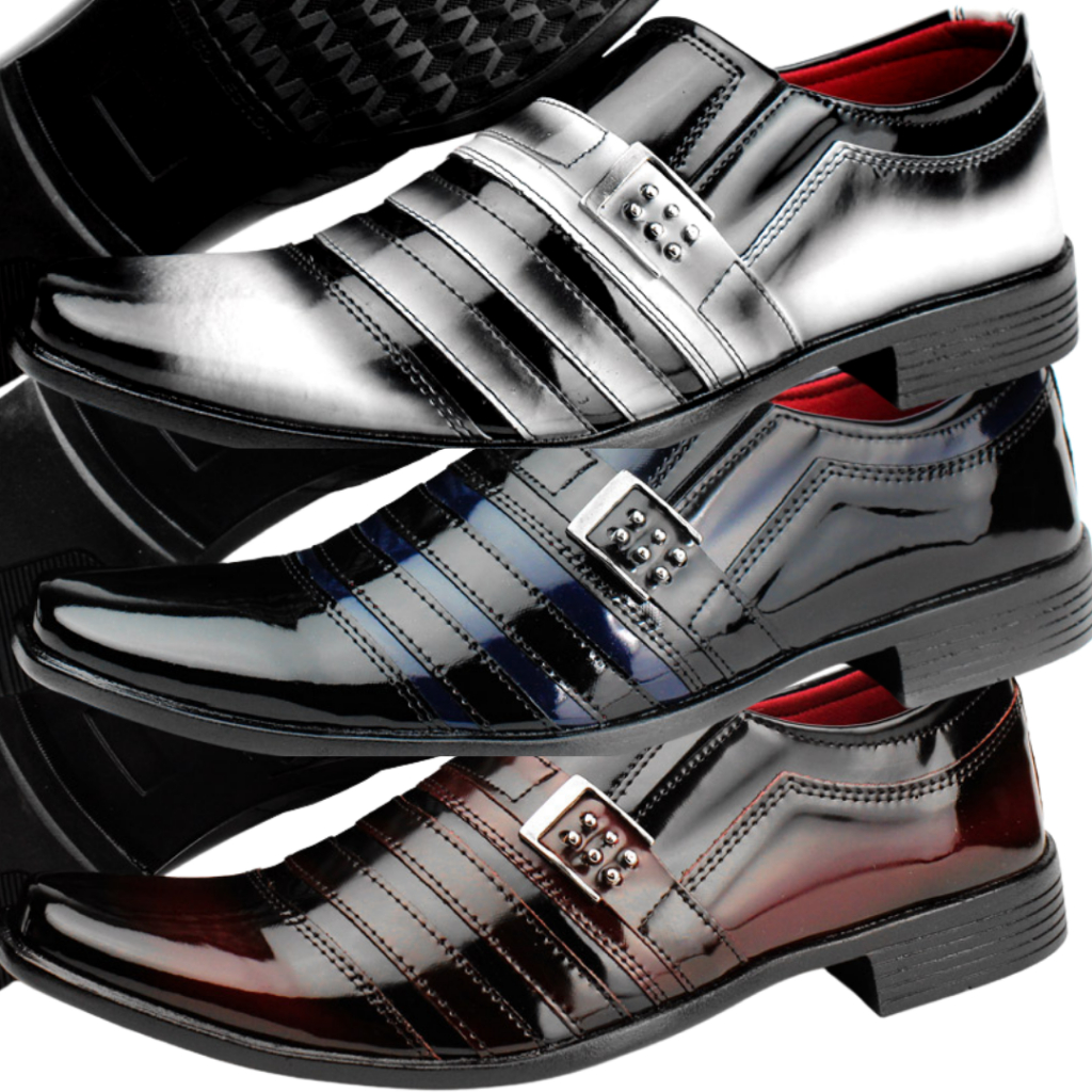 Kit Conforto 3 Pares Sapatos Social Masculino Listras Envernizados