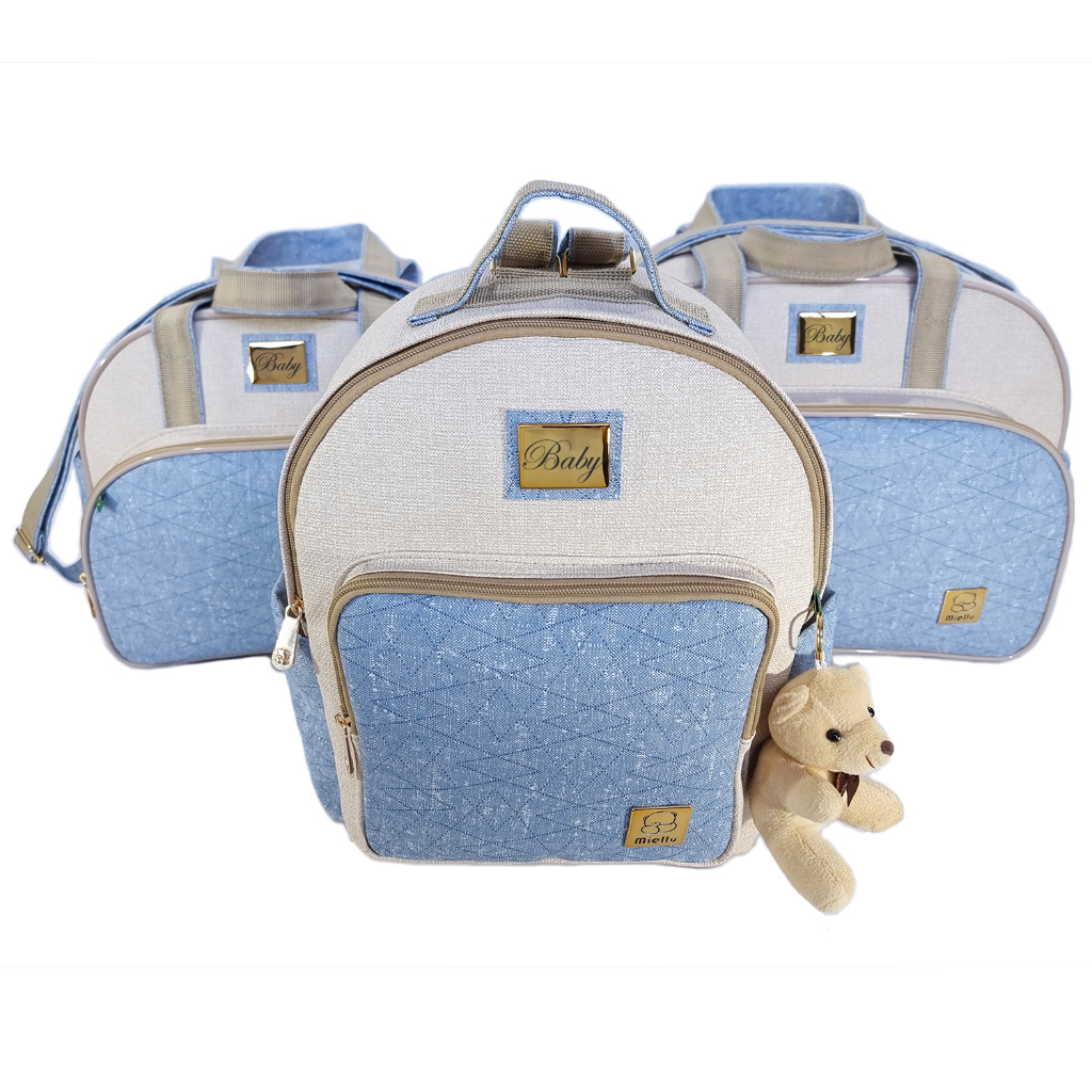 Kit Bolsas Bebe Maternidade Jeans Personalizada Enxoval Miellu Bolsas - Bolsa G, Bolsa M, Mochila e Trocador - 6 peças