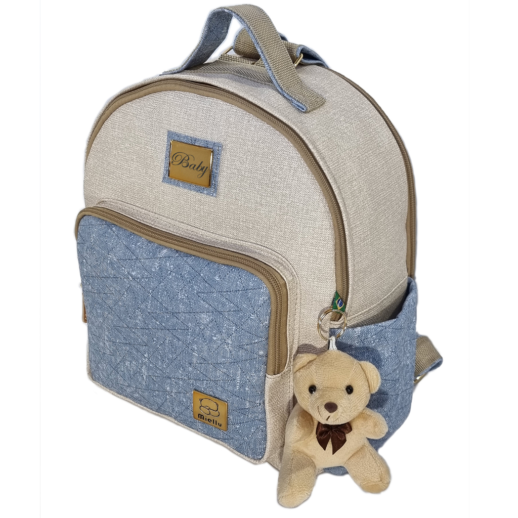 Mochila Maternidade PERSONALIZADA Bebe Enxoval Menina Menino Bolsa Miellu Bolsas Jeans + Ursinho Chaveiro