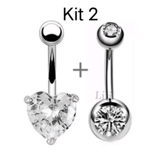 Kit 2 piercing de umbigo com strass pedra zircônia coração aço inoxidável