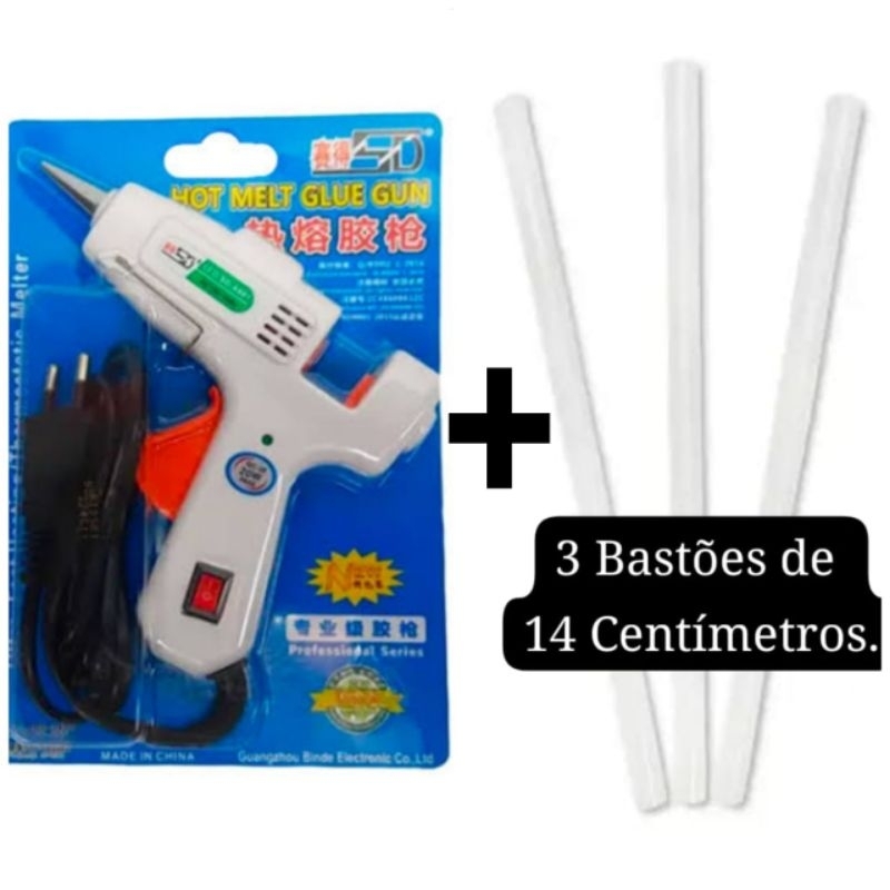 Kit Aplicador de Cola Quente bico fino 0.7mm Bivolt, com Botão Liga e Desliga + 3 Bastões de cola quente. em Oferta na Shopee