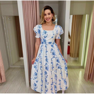 Vestido Longo Florido Floral Tricoline Manga Princesa Bufante