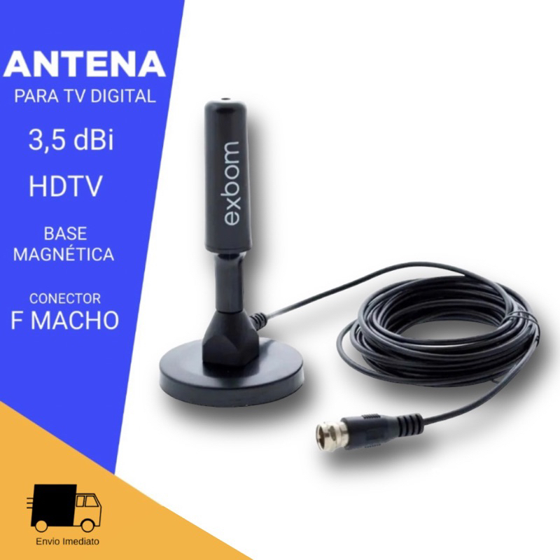 Antena Digital Televisão HDTV/UHF/VHF Interna/Externa Cabo 5 Metros Imagens Em Alta Definição Base Com Imã- Exbom