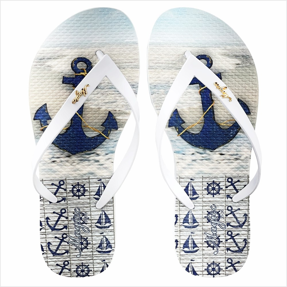 Chinelo Feminino Praia Adulto Sandália Slim Sola Antiderrapante Âncora Azul Marinho, Magicc CH-190