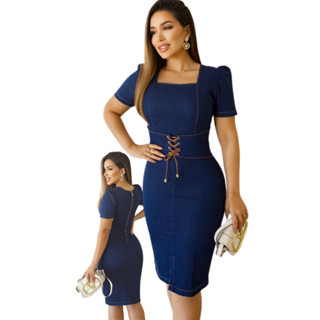 Vestido Feminino Jeans Midi com Cinto em Couro Afina a Cintura Com Elastano Super Confortável em Oferta na Shopee