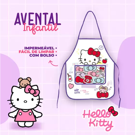 Avental Infantil Com Bolso Hello Kitty Escolar Decorado Feminino - Leonora