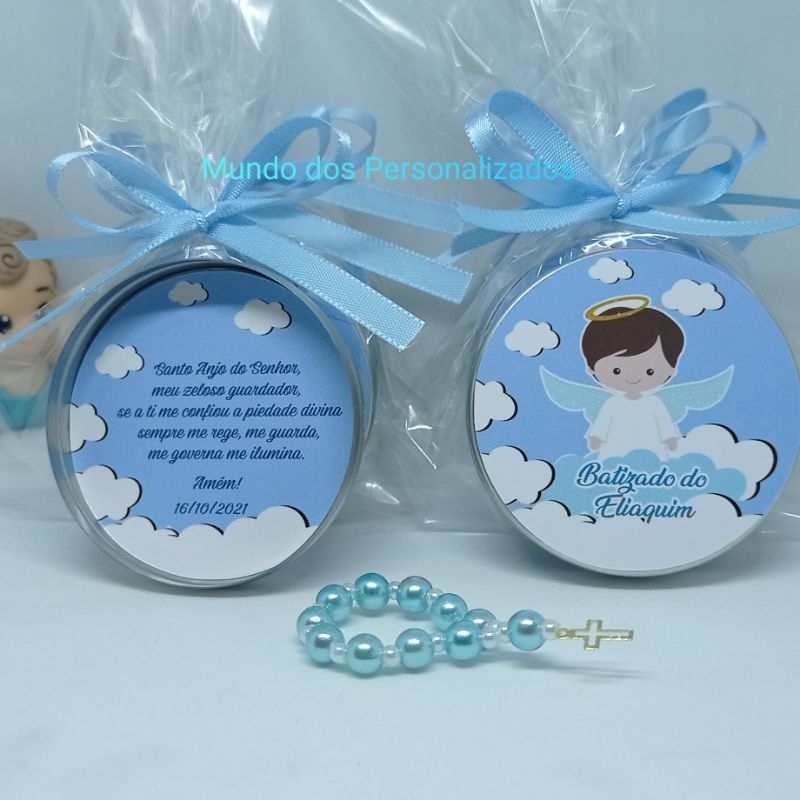 Kit 15 latinhas Personalizadas com tercinho e oração do Santo Anjo lembrancinha de batizado