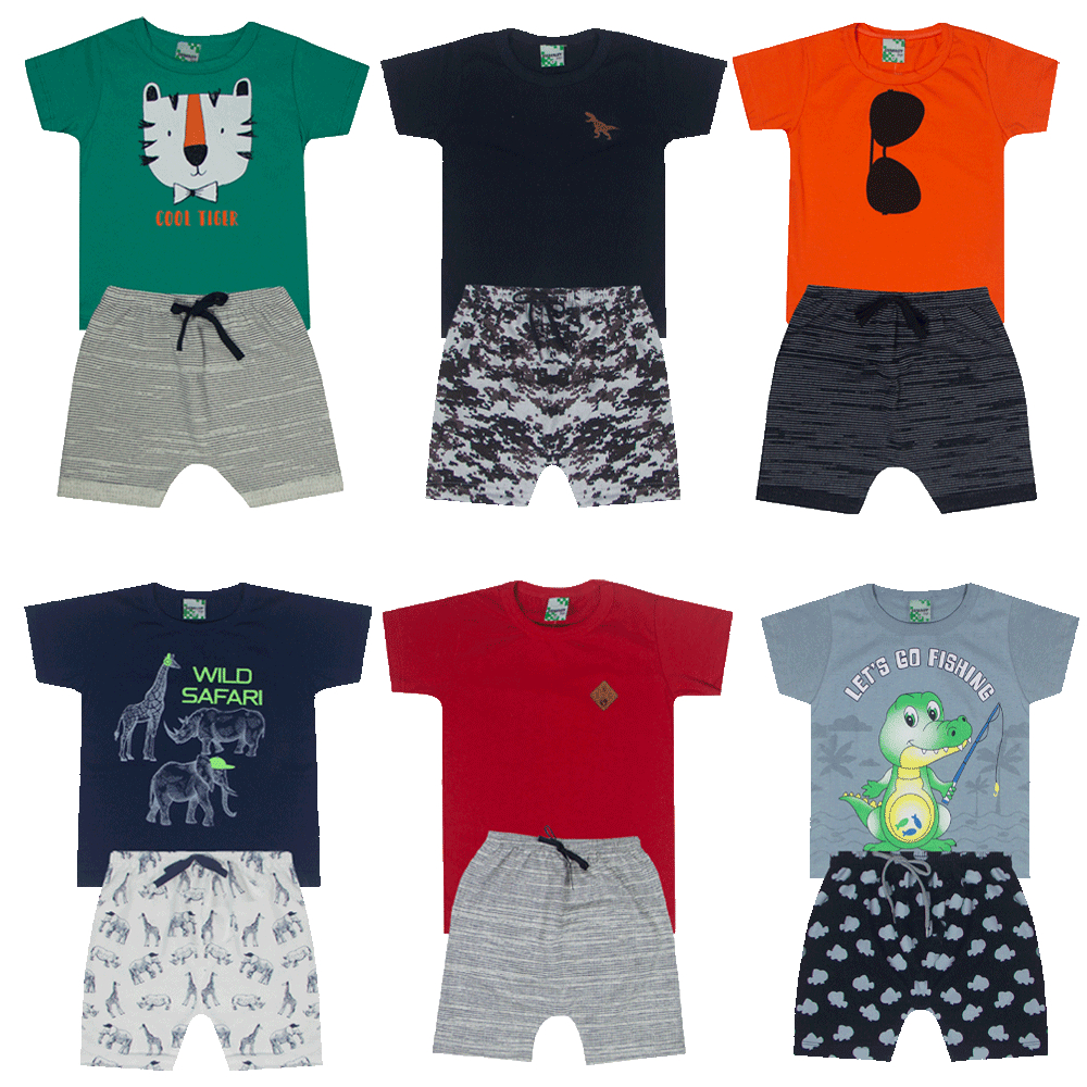 Kit Sortido 6 Peças de Roupas Infantil Bebê Menino 3 Camisetas e 3 Bermudas - Tamanho 1 ao 3 - Kit com 3 Conjuntos Bebê Menino Promoção