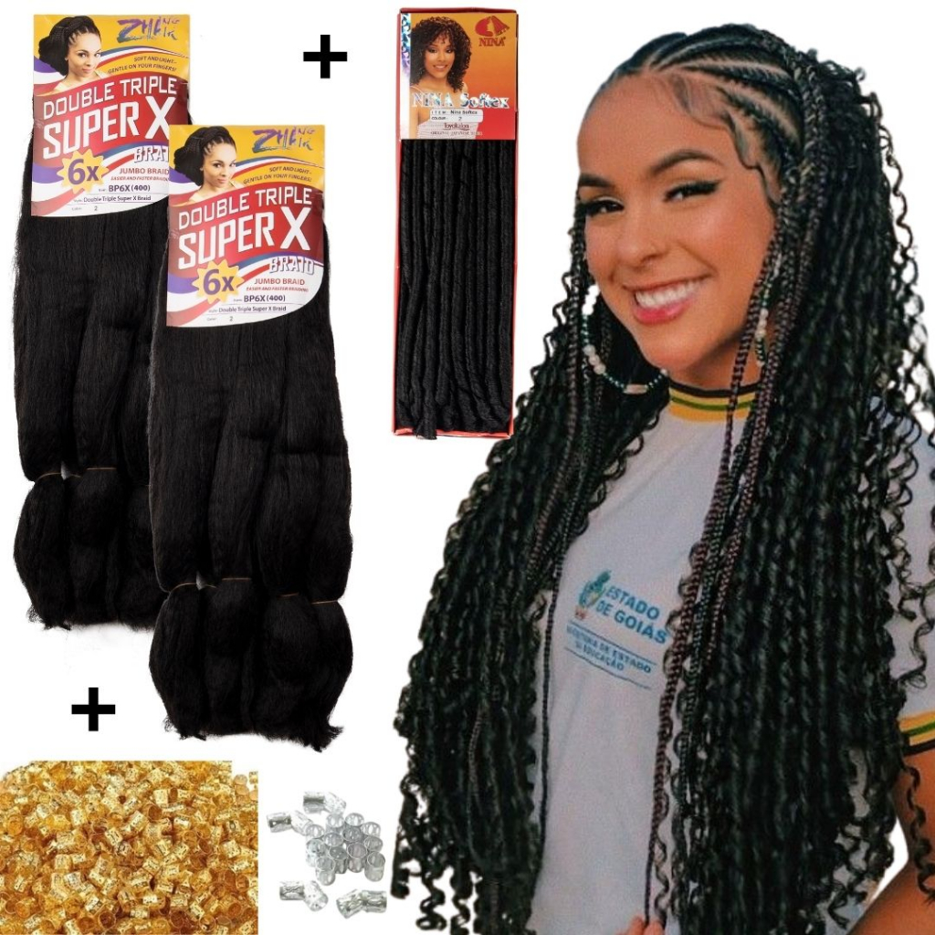 Kit 2 Cabelo Jumbo Super Hiper  X + Nina Softex Original E Anel Tranças Gypsy Goddess Crochet Braids em Oferta na Shopee