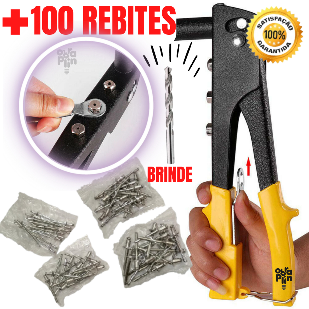 Rebitadeira Profissional Alicate Rebitador Manual + 100 Rebites + Broca Aço 4mm Ferramentas