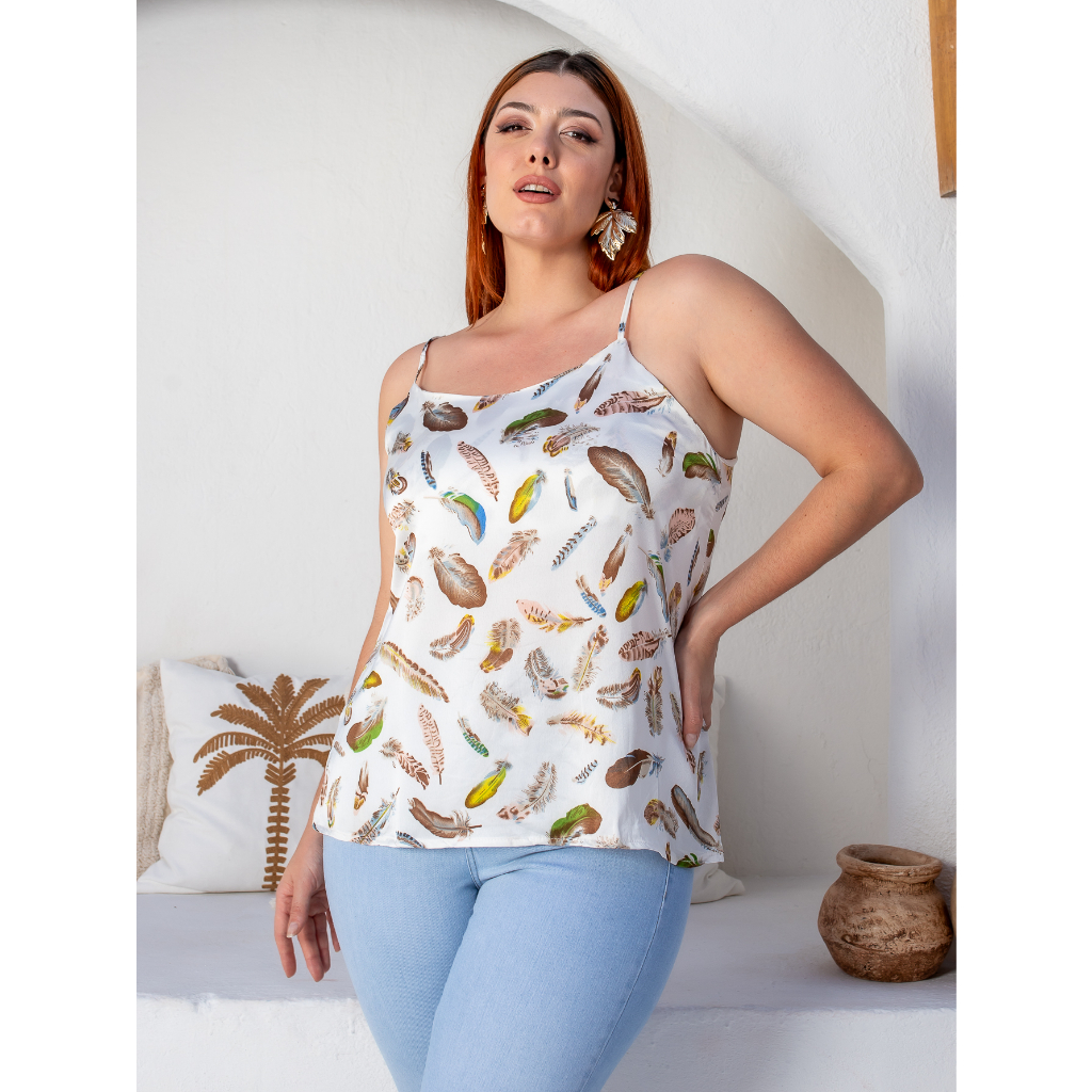 Regata Feminina Plus Size Blusinha Decote V Crepe Alcinha Estampada com Alça Fina Regulável Moda