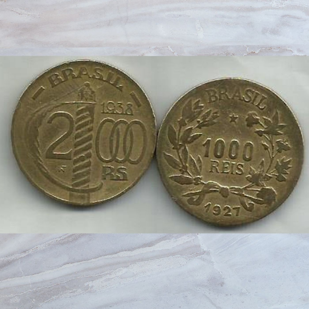 RÉIS - Lote com 2 Moeda 1000 Réis 1927 e 2000 Réis Medalha Poligonal 1938- MBC+