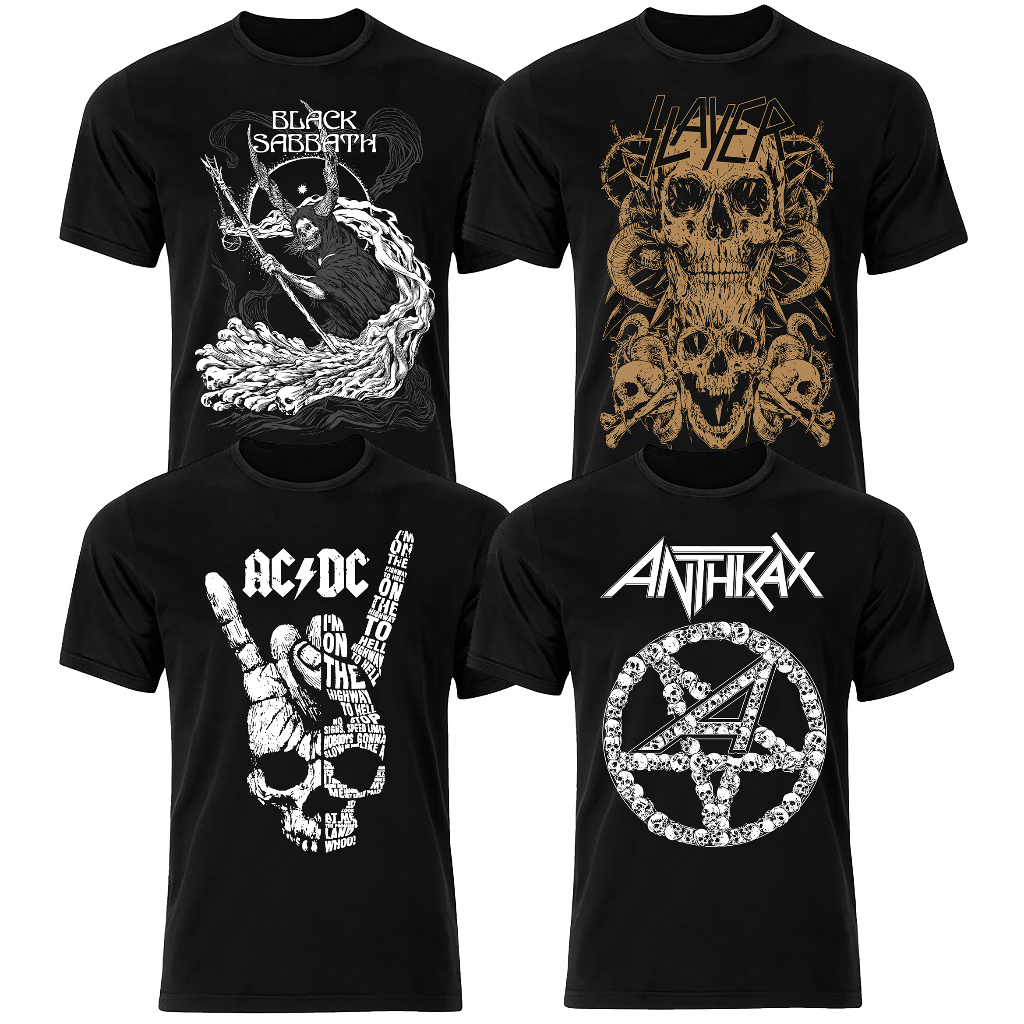 camisa camiseta de banda metal Black Sabbath Slayer Anthrax acdc com reforço de manga e gola