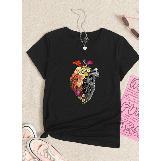 Camiseta Flores Mãe Natureza Coração Oversized Unissex Manga Curta Aesthetic Básica
