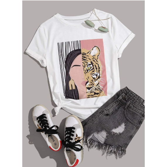 Camiseta  Mulher Tigre Estampa Tigre Life Style Ombro Caido Manga Curta Oversized Aesthetic Streetwear Feminino