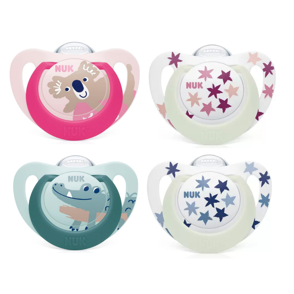Kit Chupetas Nuk Star Silicone Ortodôntico Brilha Escuro Estojo Esterilizável Dia/Noite +6 meses em Oferta na Shopee