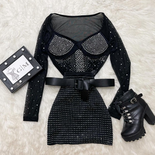 conjunto feminino bory tule pedraria e saia curta pedraria