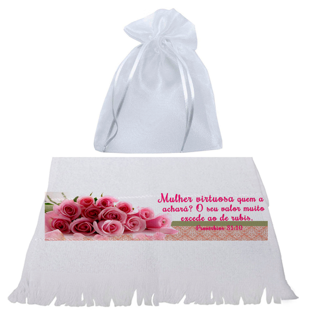 80 Lembrancinha Mulher Virtuosa , Kit com Saco de Organza e Toalha, Lembrancinha para Igreja