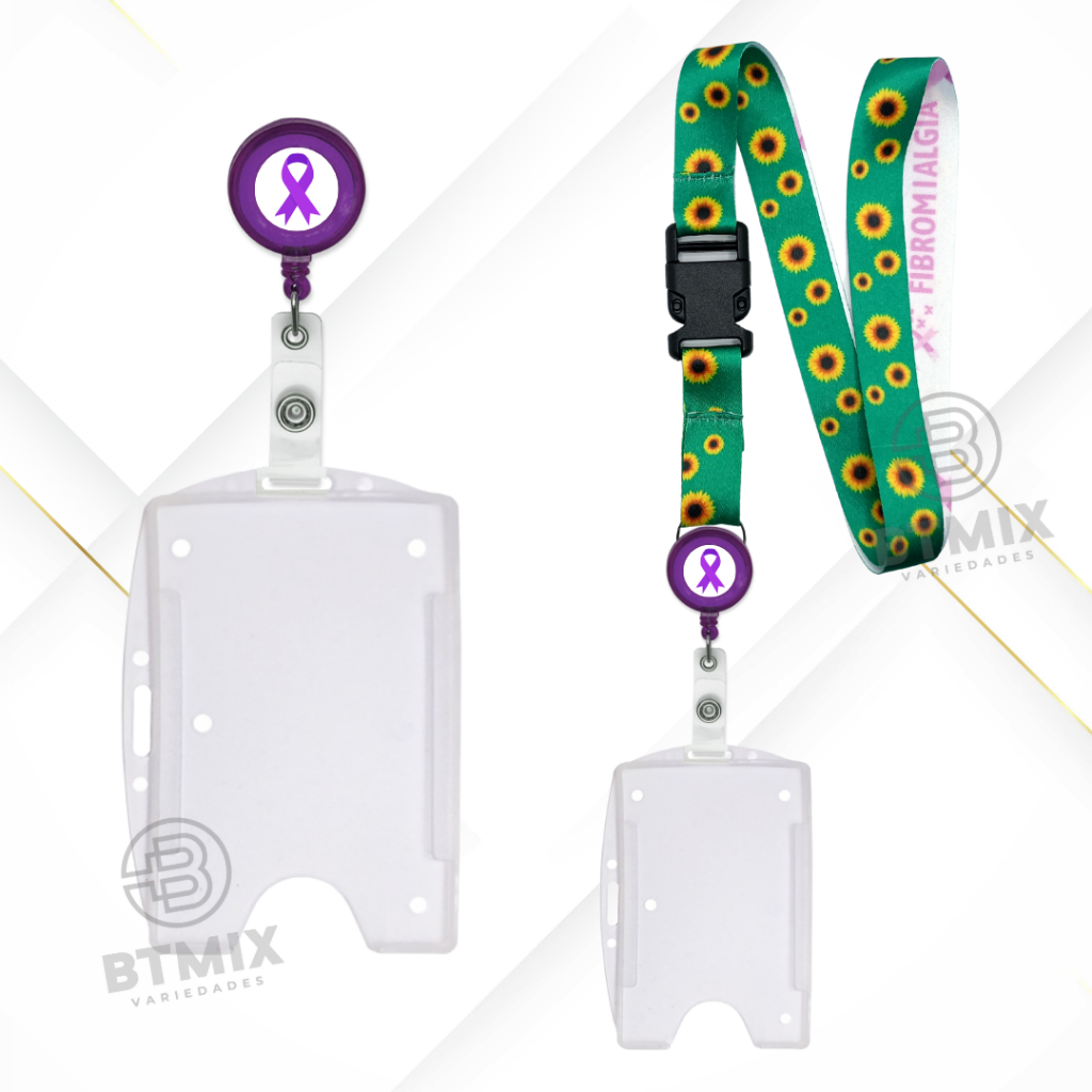 Cordão de Identificação Fibromialgia + Roller Clip Roxo Fibromialgia + Porta Cartão Transparente