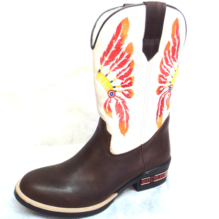 Bota Botina Texana Masculina Cano Longo Branco em Couro Bico Redondo Bordada Cocar de Índio