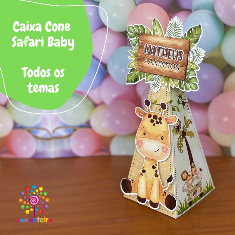 Caixa Cone lembrancinha Safari Baby 3D - Personalizado - 10 UNIDADES – Lembrancinha personalizada para Festa infantil - vários temas