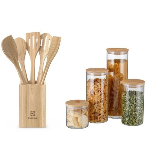 Kit Conjunto de Utensílios de Bambu + Potes Herméticos Porta-Mantimentos com Tampa de Bambu Electrolux