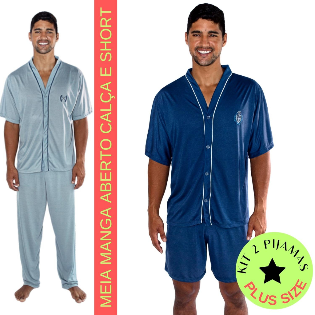 Kit 2 Pijamas Plus Size Adulto Masculino - Camisa Manga Curta E Calça + Camisa Manga Curta e Short