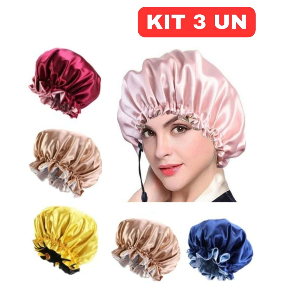 KIit 3 Toucas De Cetim Ajustável Dupla Face Para Dormir Anti Frizz Protege E Alinha o Cabelo