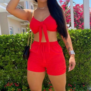 Conjunto Feminino Cropped e Short Curto Em Tecido Duna