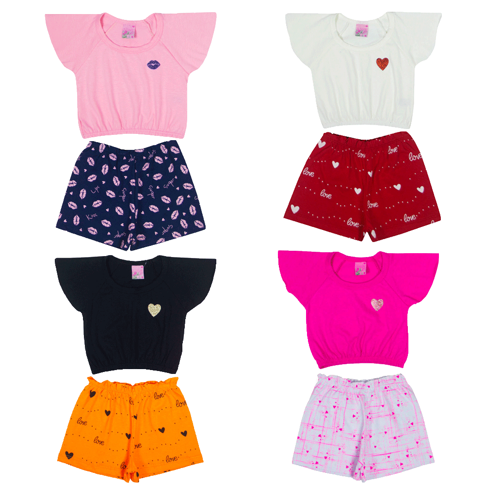 Conjunto Infantil Menina Cropped e Shorts Promoção - Conjuntos de Roupa Menina Infantil Barato Verão 1 ao 3