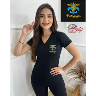 Camiseta Blusa Feminina Bordado Pedagogia Uniforme Confortável Baby look em Oferta na Shopee
