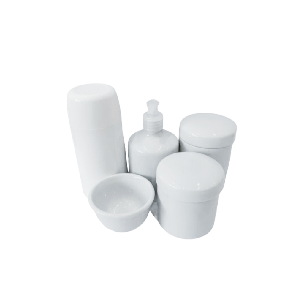 Kit Higiene Bebê Porcelana 5 Peças Com Tampa De Porcelana Molhadeira, Potes, Saboneteira E Garrafa Térmica