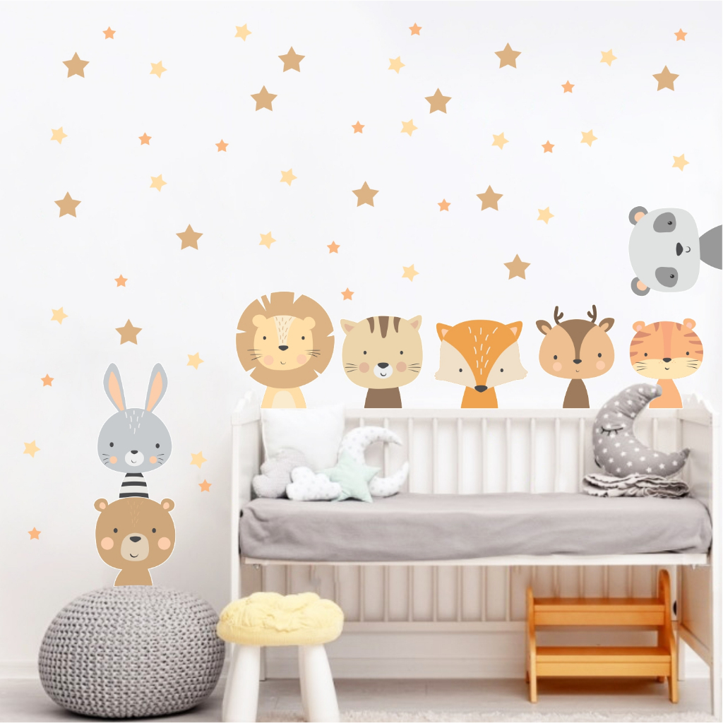 Adesivo de parede Infantil Bichinhos Baby Safari com estrelas decoração quartinho bebê em Oferta na Shopee